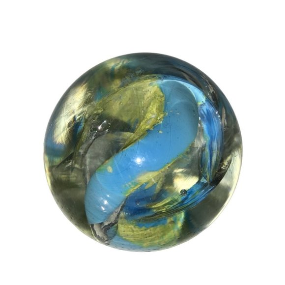 Art Glass Blue Green Yellow Swirled Paperweight - Picture 6 of 9